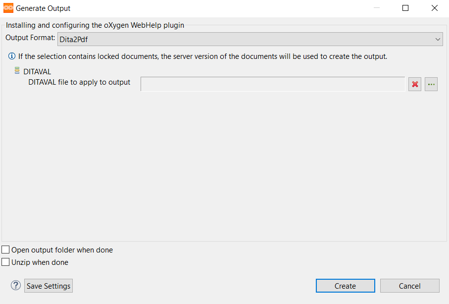 Sample IXIASOFT CCMS Output Generator dialog