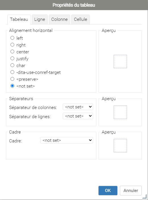 Boîte de dialogue Propriétés du tableau