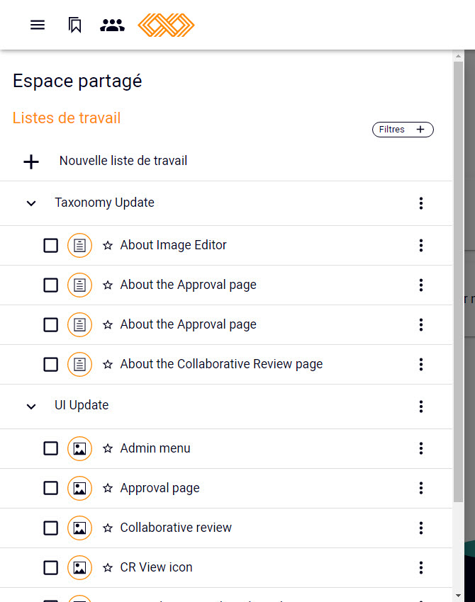 Panneau latéral Listes de travail