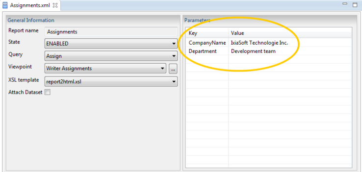 Image of the report tab showing General Information and Parameters panes