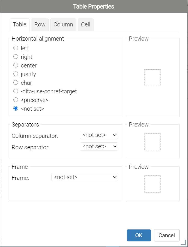 Table Properties dialog