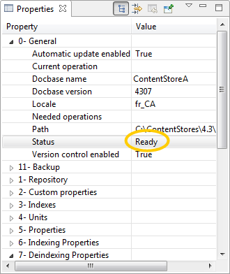 Docbase backup status in Properties view