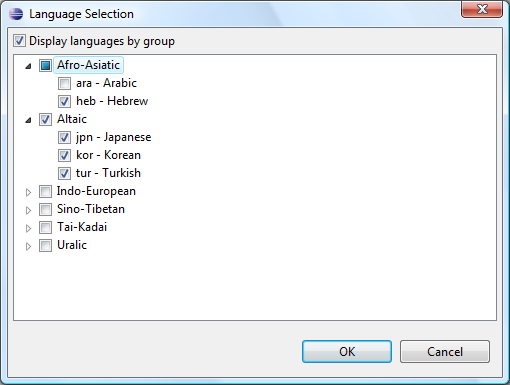 Language selection dialog