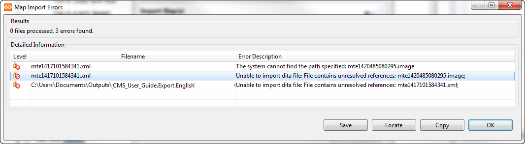 Import Errors dialog