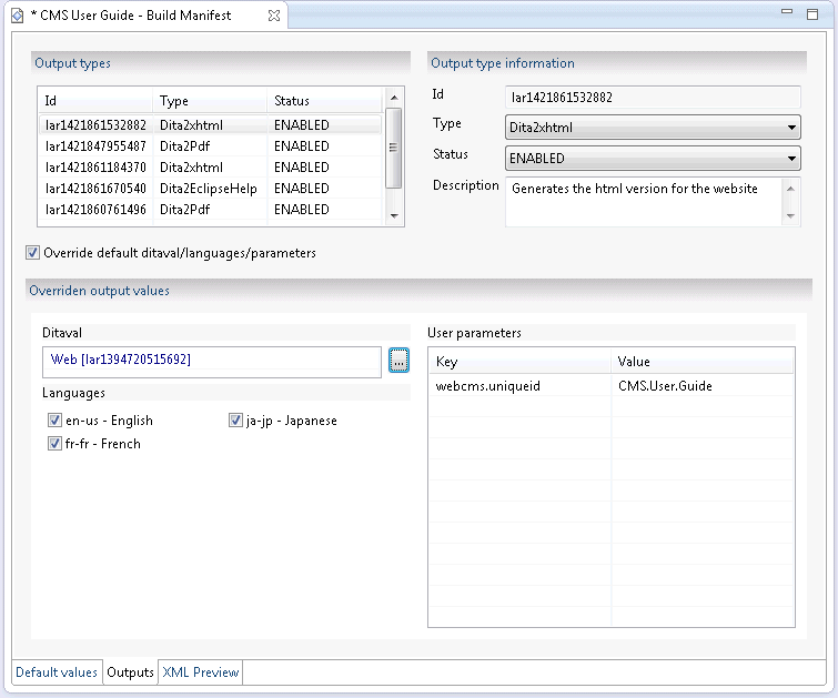 Build Manifest Output Type tab (filled)